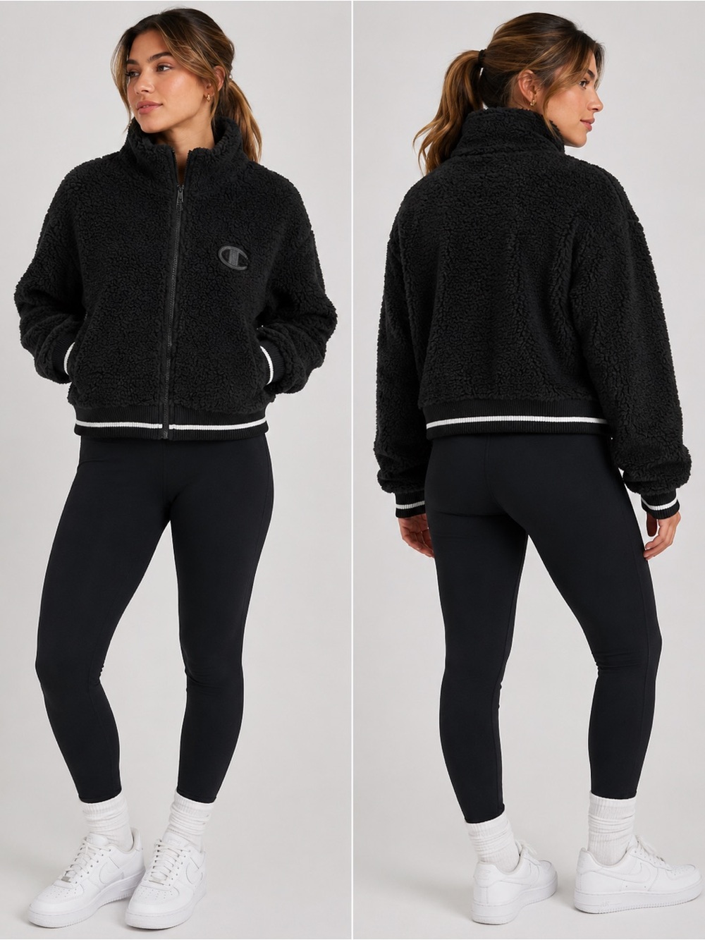 Champion Black Sherpa Full-Zip Jacket with Stripe Trim| Medium